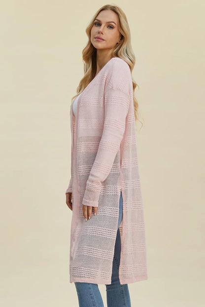 Black Trendsi Double Take open front longline cardigan displayed flat, showing its full length and relaxed fit.