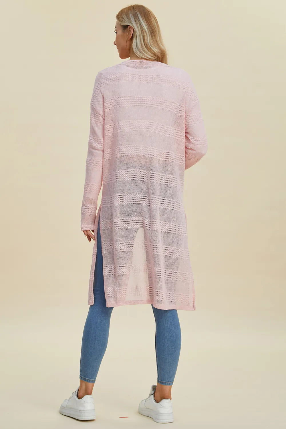 Black Trendsi Double Take full-size open front longline cardigan displayed on a model, showcasing its relaxed fit and stylish design.