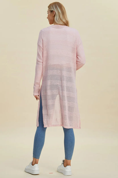 Black Trendsi Double Take full-size open front longline cardigan displayed on a model, showcasing its relaxed fit and stylish design.