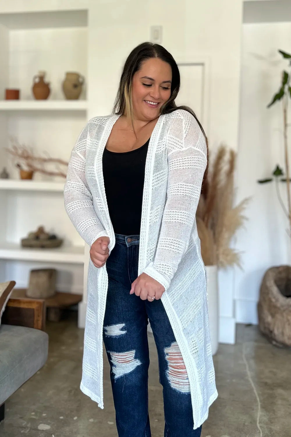Black Trendsi Double Take open front longline cardigan, full size, featuring a relaxed fit and lightweight knit fabric.