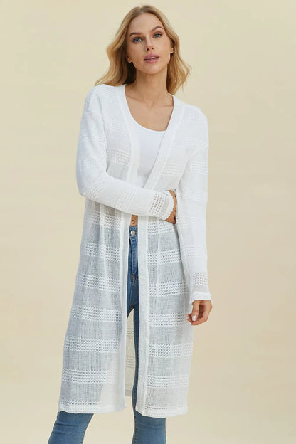 Black double take open front longline cardigan from Trendsi, featuring a full size, cozy knit, and open-front design.