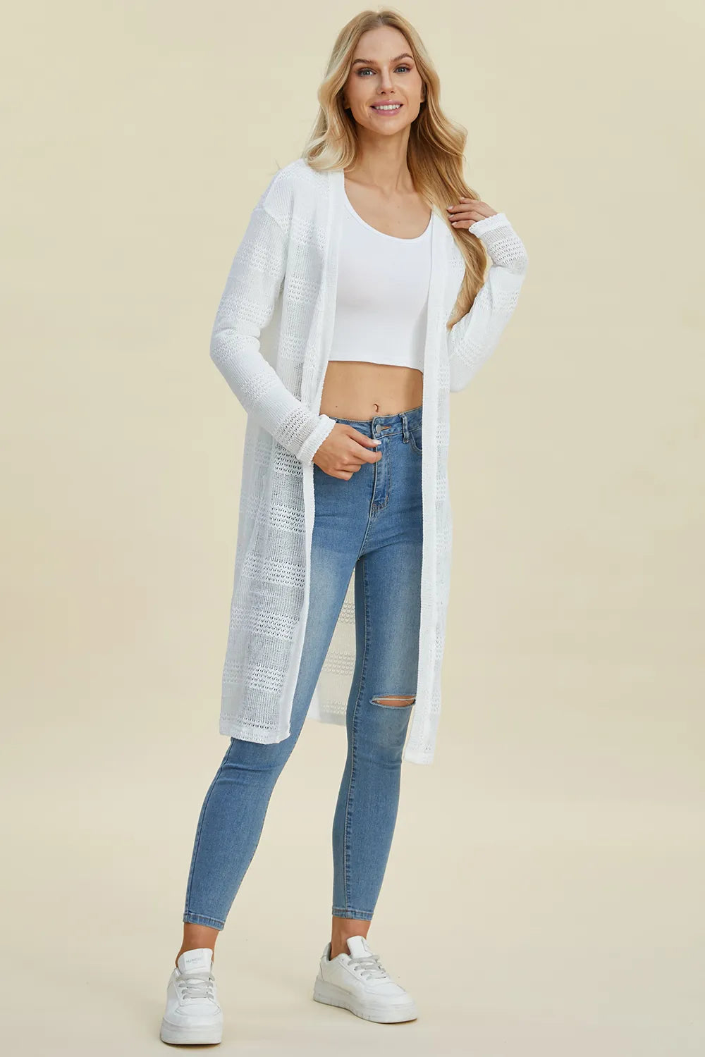 Black Trendsi Double Take full-size open front longline cardigan displayed on a model, showcasing its relaxed fit and open front design.
