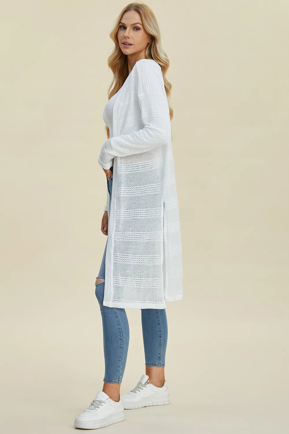 Black open-front longline cardigan by Trendsi, featuring a double take style and full-size fit, shown on a mannequin.