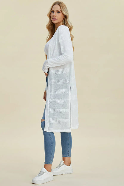Black open-front longline cardigan by Trendsi, featuring a double take style and full-size fit, shown on a mannequin.