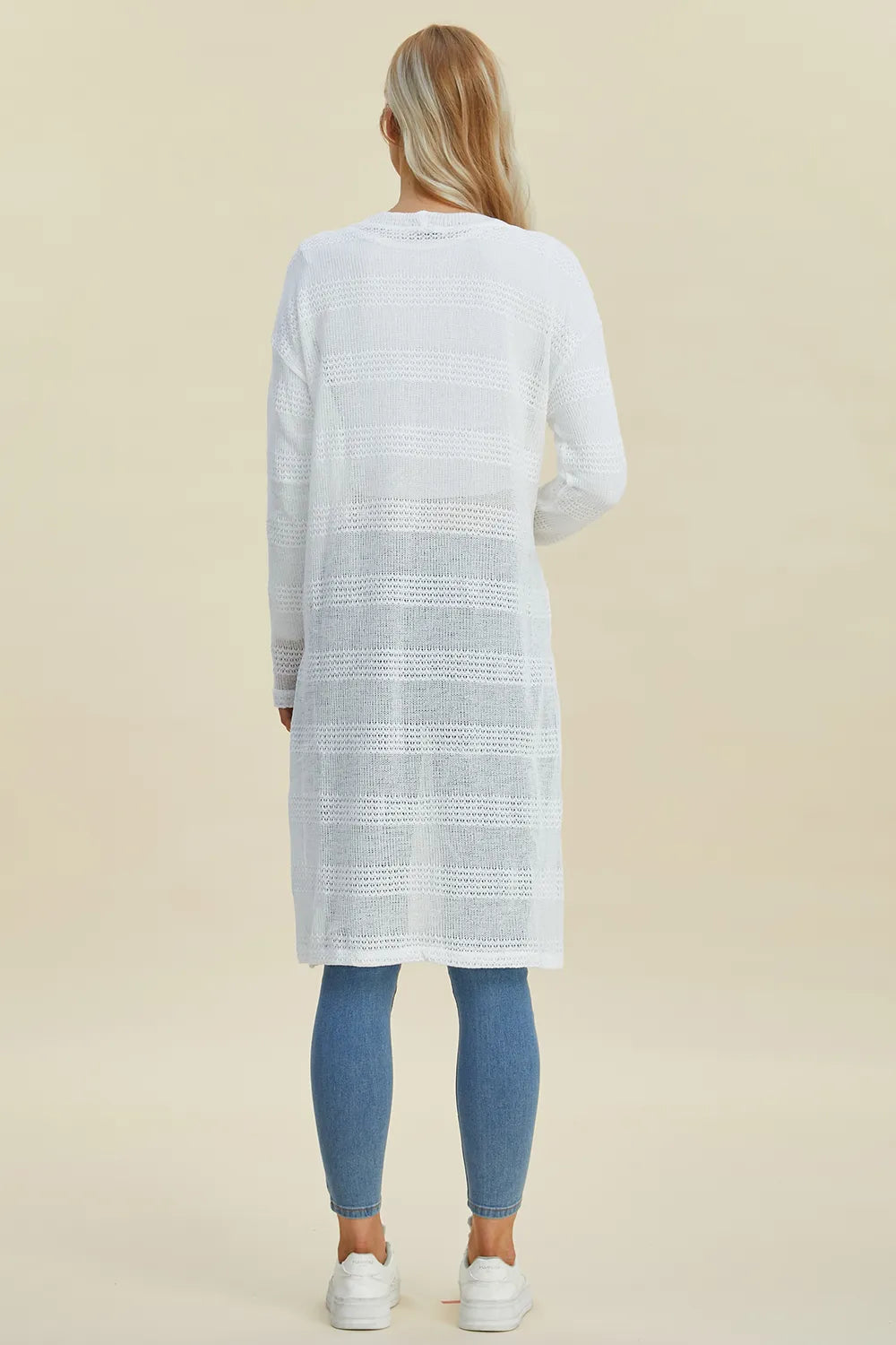 Black Trendsi Double Take longline cardigan with open front and full size, styled for a casual, layered look.