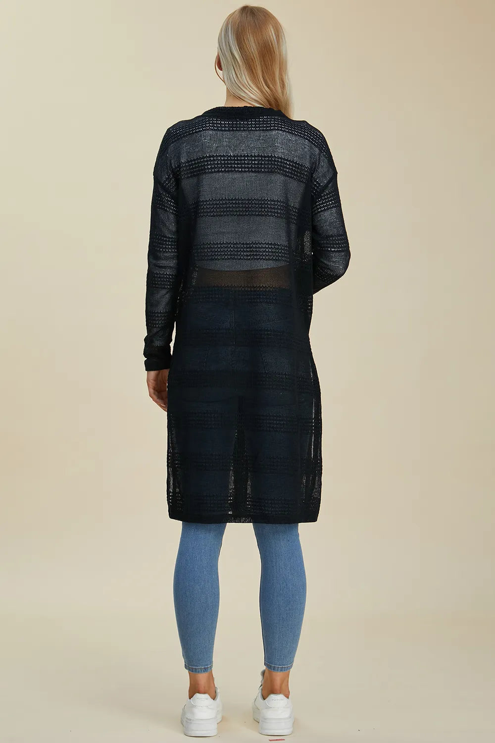 Black open front longline cardigan with double take design, full size, by Trendsi, displayed on a mannequin.