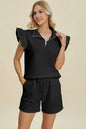 Black Trendsi Double Take full-size textured top and shorts set with flounce sleeves, casual and stylish summer outfit.