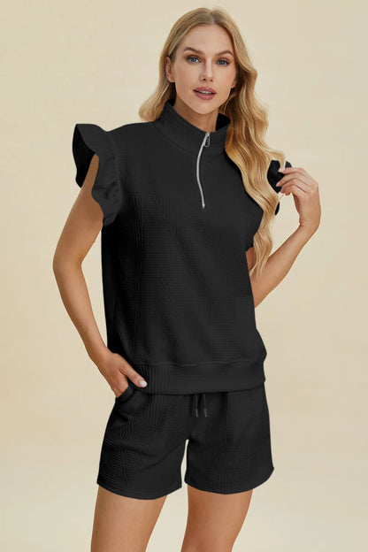 Black Trendsi Double Take full-size texture flounce sleeve top and matching shorts set, casual and stylish summer outfit.
