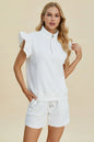 Black double take full size texture flounce sleeve top and shorts set by Trendsi, featuring stylish flounce sleeves and comfortable fit.