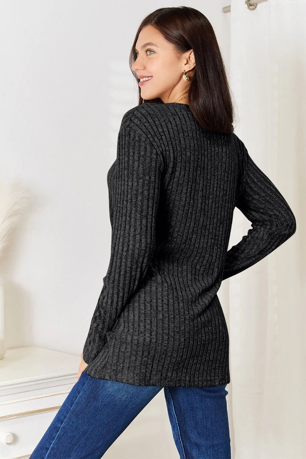 Black Trendsi Double Take Notched Neck Ribbed Long Sleeve T-Shirt, close-up of ribbed fabric and stylish notched neckline.