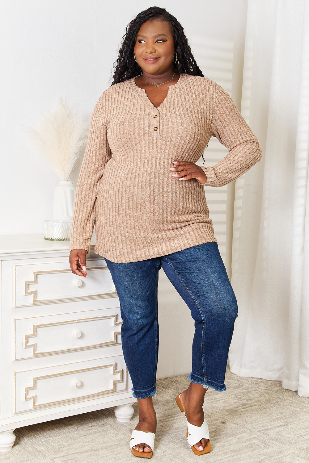 Black Trendsi Double Take Notched Neck Ribbed Long Sleeve T-Shirt, close-up showing the notched neckline and ribbed fabric.