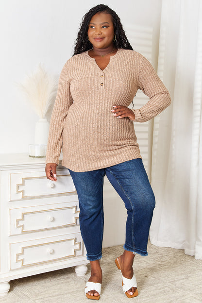 Black Trendsi Double Take Notched Neck Ribbed Long Sleeve T-Shirt, close-up showing the notched neckline and ribbed fabric.