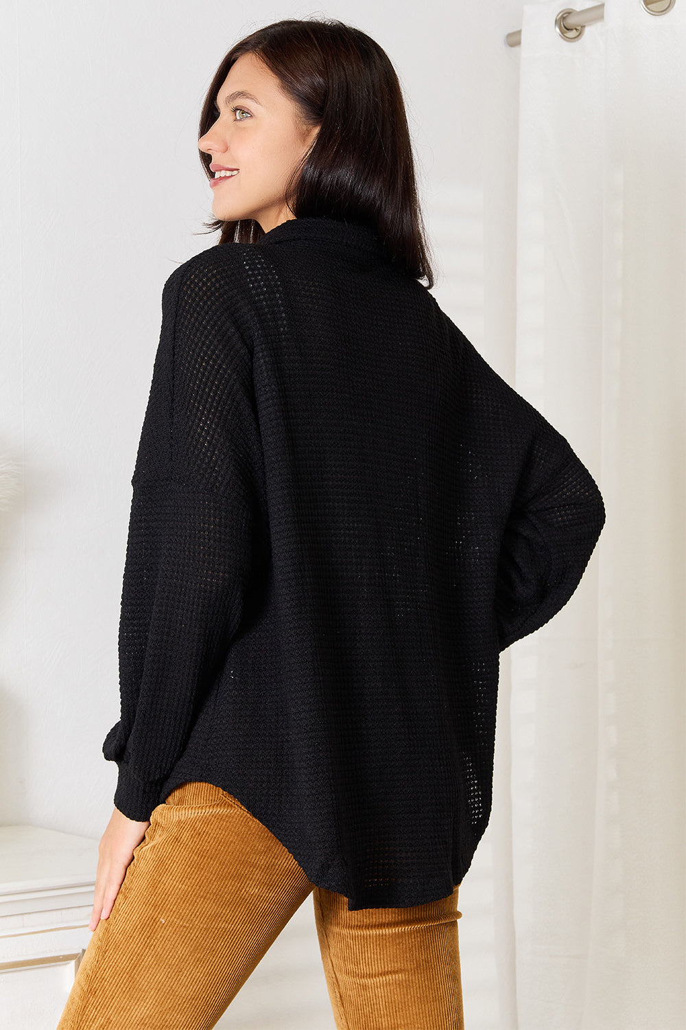 Black waffle-knit collared neck dropped shoulder shirt by Trendsi, featuring a relaxed fit and casual style.