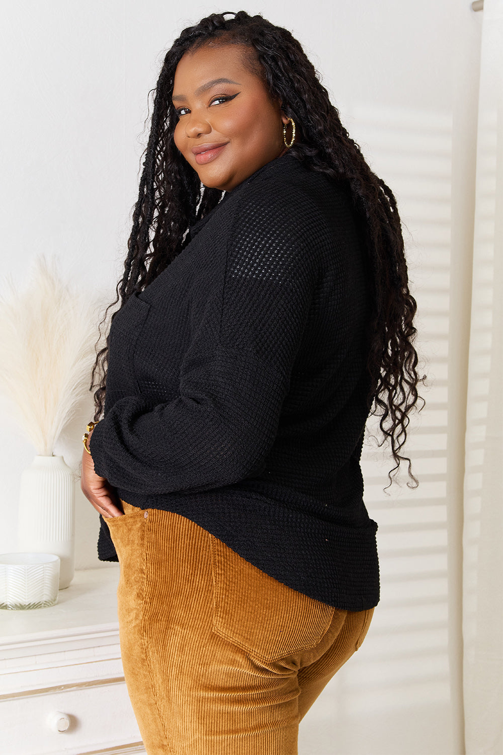 Black waffle-knit collared neck dropped shoulder shirt by Trendsi, shown on a model with a relaxed fit and casual style.