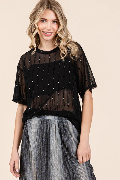 Black GeeGee mesh glitter top with round neck and drop shoulder design, stylish and trendy for fashion-forward looks.