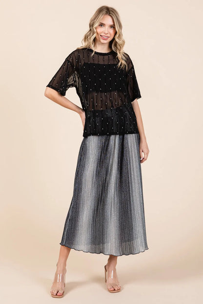 Black GeeGee mesh glitter top with round neck and drop shoulder design, stylish Trendsi women's fashion top.