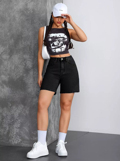 Black high-waisted denim shorts by Trendsi, featuring a classic fit and stylish design, perfect for casual summer outfits.
