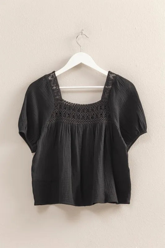Black crochet detail puff sleeve peasant top from HYFVE featuring a relaxed fit and boho-inspired design.