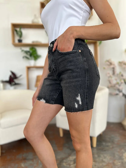 Black Judy Blue high waist rigid magic denim shorts with a full size fit, featuring a classic five-pocket design.