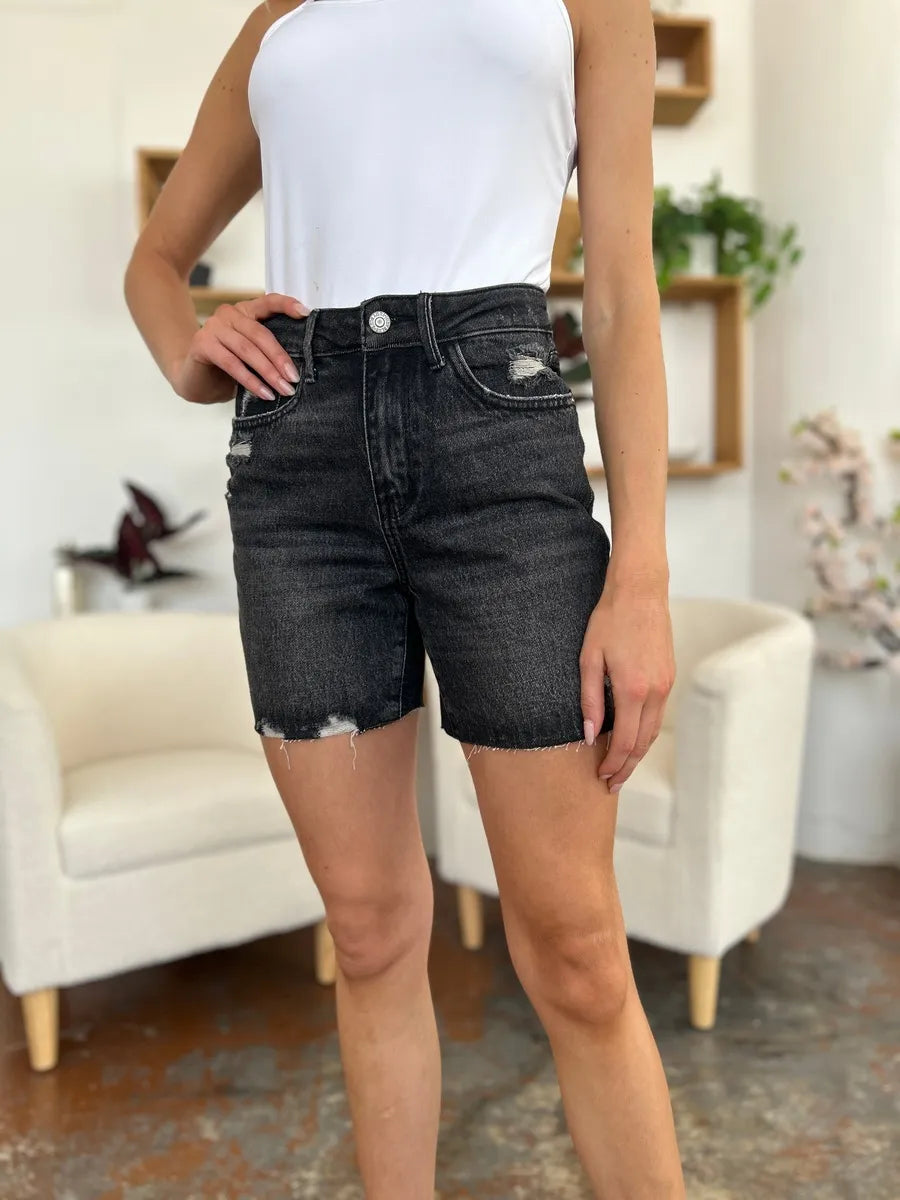 Black Judy Blue high waist rigid denim shorts with a full size fit, featuring a classic cut and durable denim fabric.