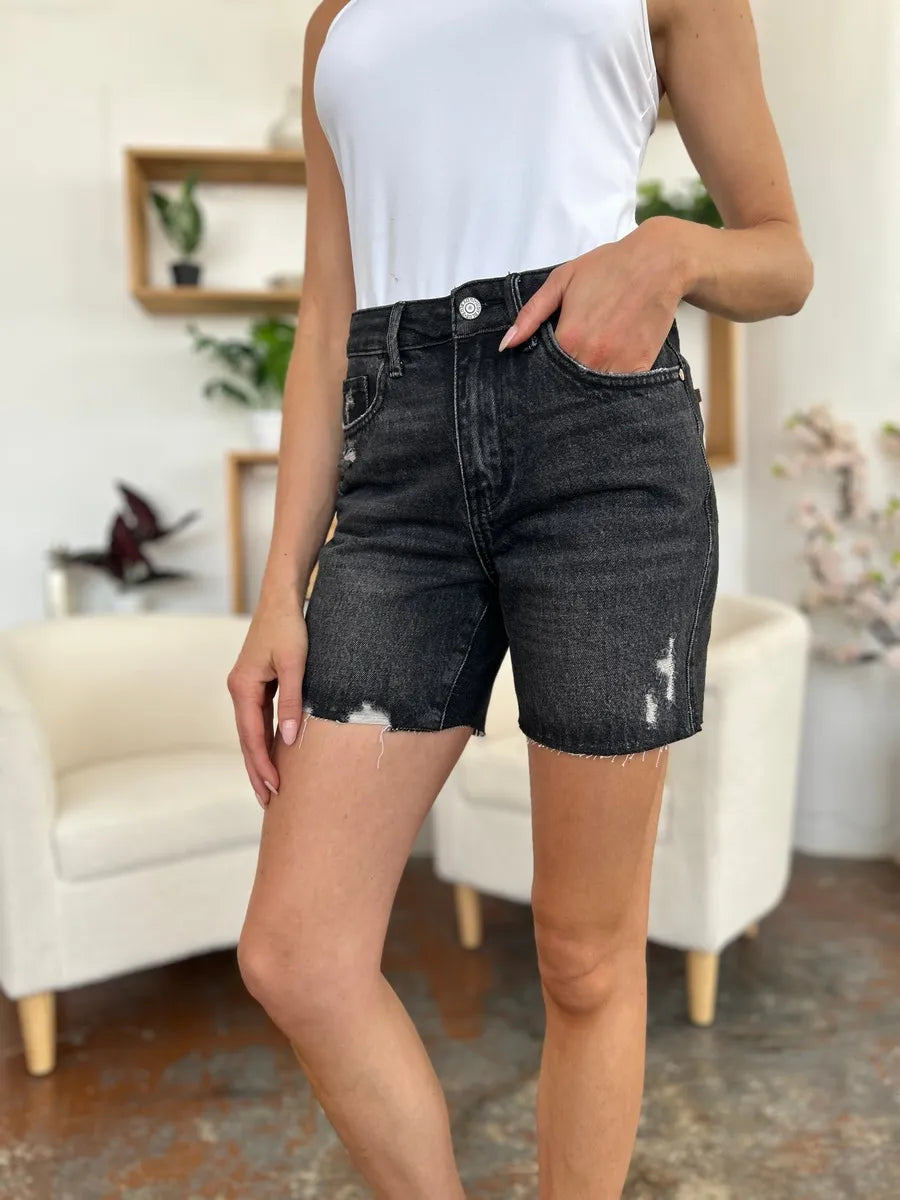 Black Judy Blue high waist rigid magic denim shorts, full size, with a fitted design and classic denim texture.