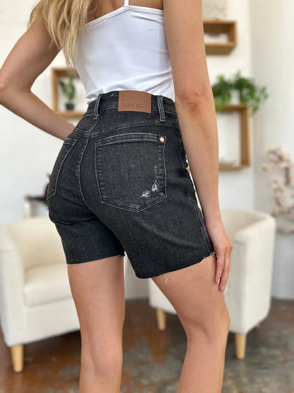Black Judy Blue high waist rigid magic denim shorts, full size, featuring a stylish fit and classic denim texture.