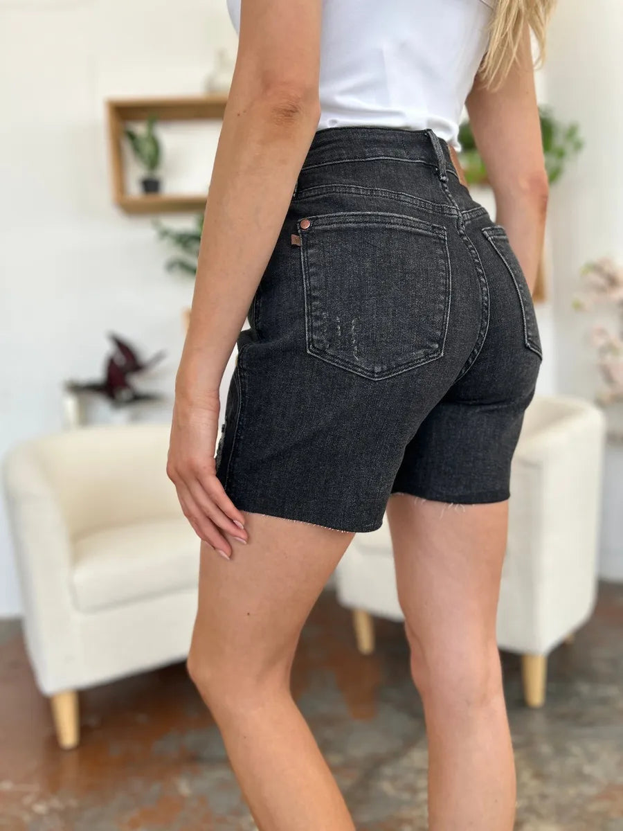 Black Judy Blue high waist rigid magic denim shorts, full size, with classic five-pocket design and modern fit.