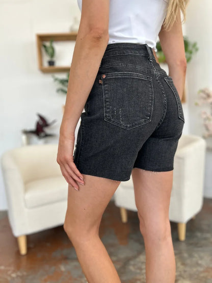Black Judy Blue high waist rigid magic denim shorts, full size, with classic five-pocket design and modern fit.