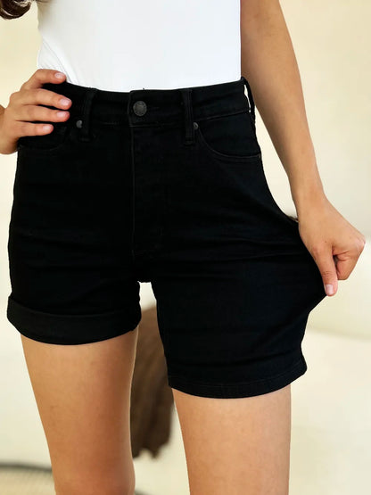 Black Judy Blue high waist denim shorts with tummy control and cuffed hem, designed for full size fit.