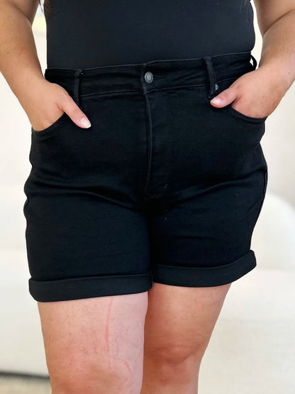 Black Judy Blue high waist tummy control cuffed denim shorts, full size, featuring a stylish fit and classic denim design.