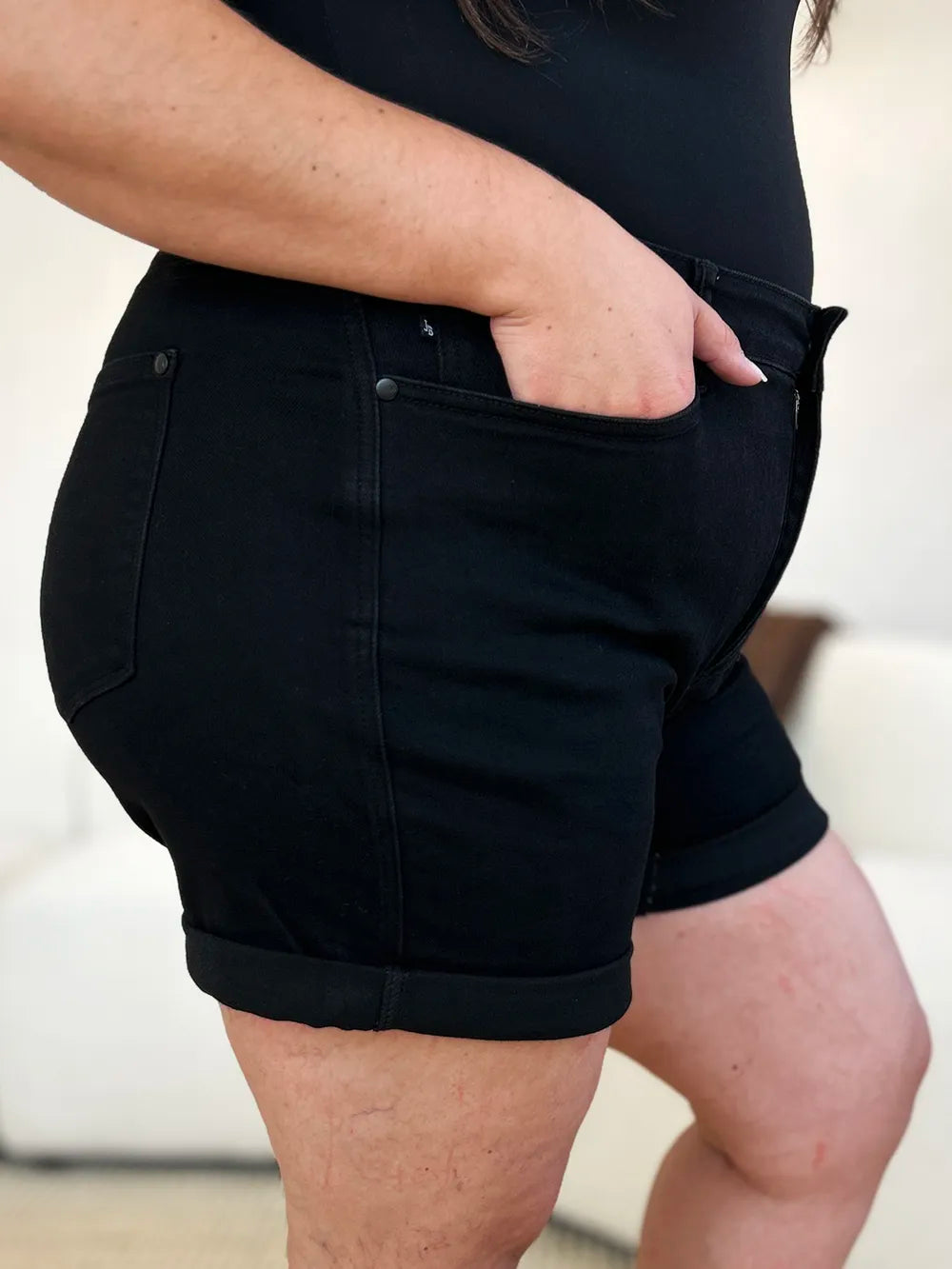 Black Judy Blue high waist tummy control cuffed denim shorts with front pockets and distressed details, full size available.