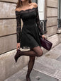 Black lace off-shoulder mini dress by Trendsi, featuring a fitted silhouette and delicate lace details.