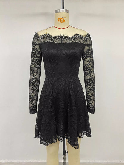Black lace off-shoulder mini dress by Trendsi with long sleeves, fitted silhouette, and elegant design, perfect for stylish occasions.