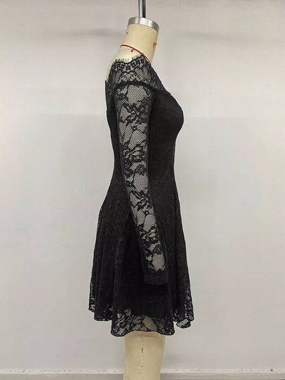 Black lace off-shoulder mini dress by Trendsi, featuring a fitted silhouette and elegant off-shoulder design.