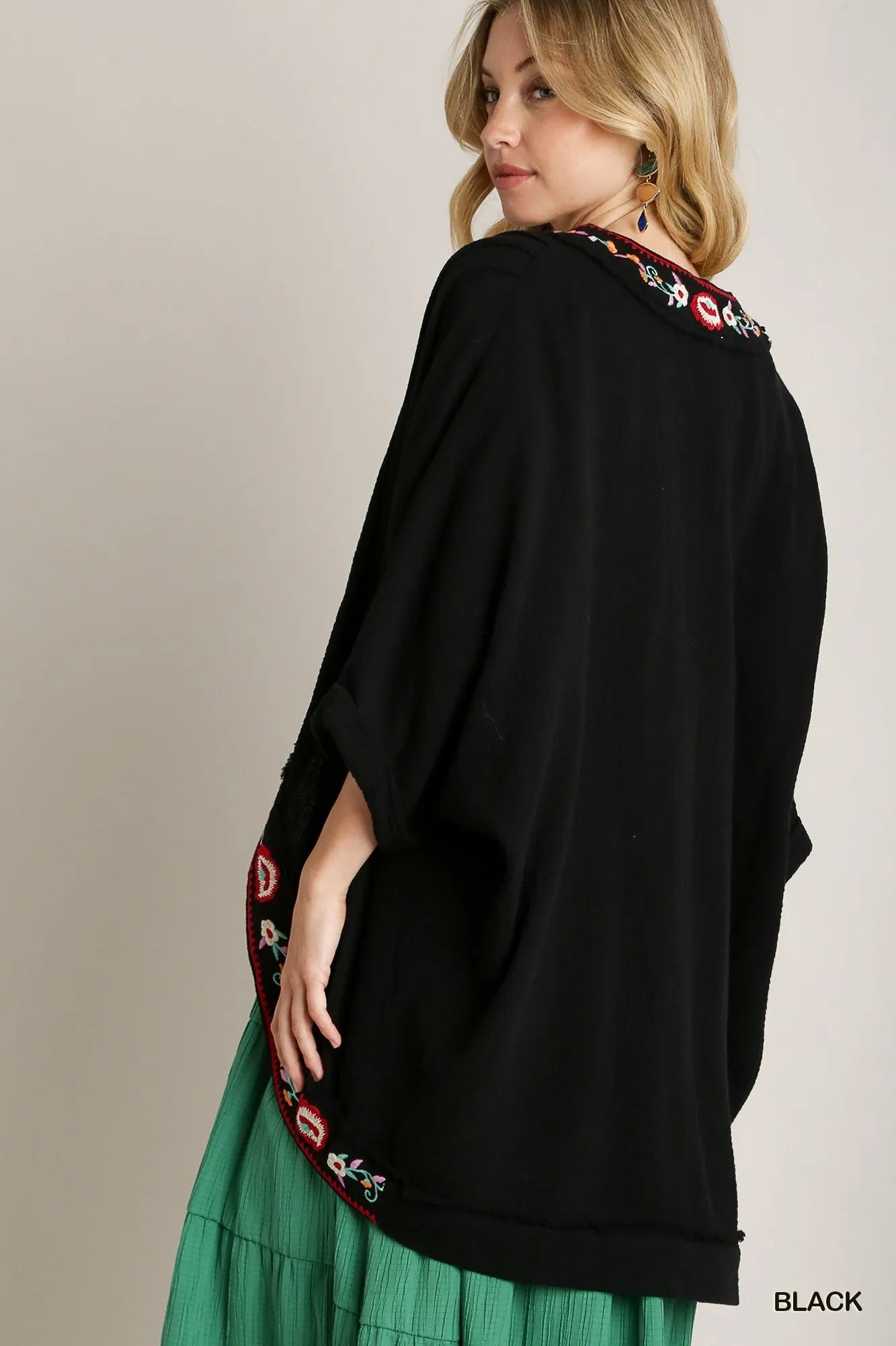 Black Umgee embroidery open-front kimono with pleated shoulder detail, lightweight and flowy for a stylish layered look.