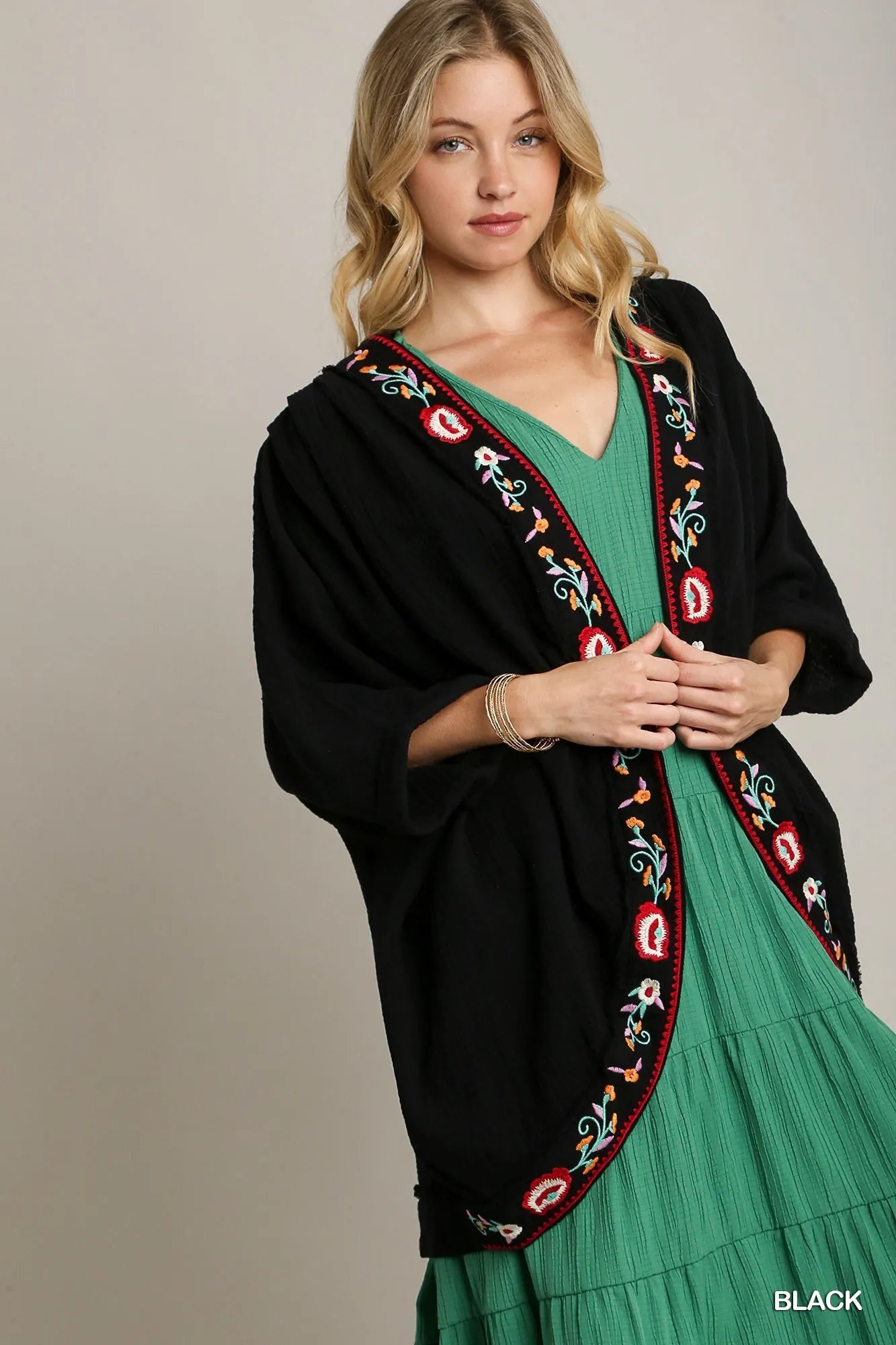 Black Umgee embroidery open front kimono with pleated shoulder detail, lightweight and stylish for layered outfits.
