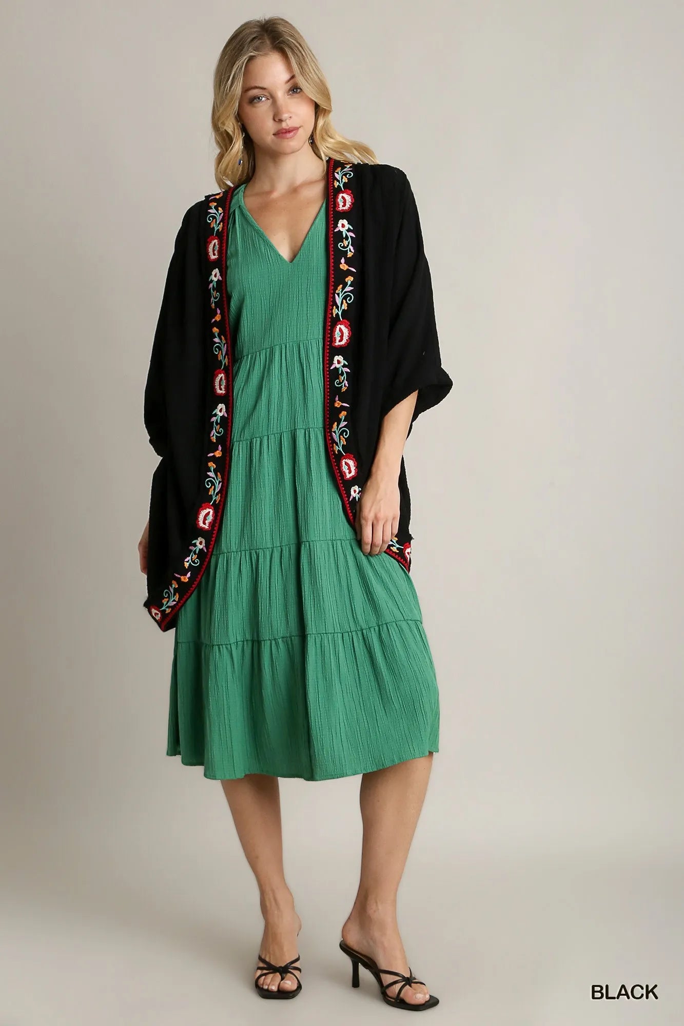 Black Umgee embroidery open front kimono with pleated shoulder detail, lightweight and stylish for casual or dressy wear