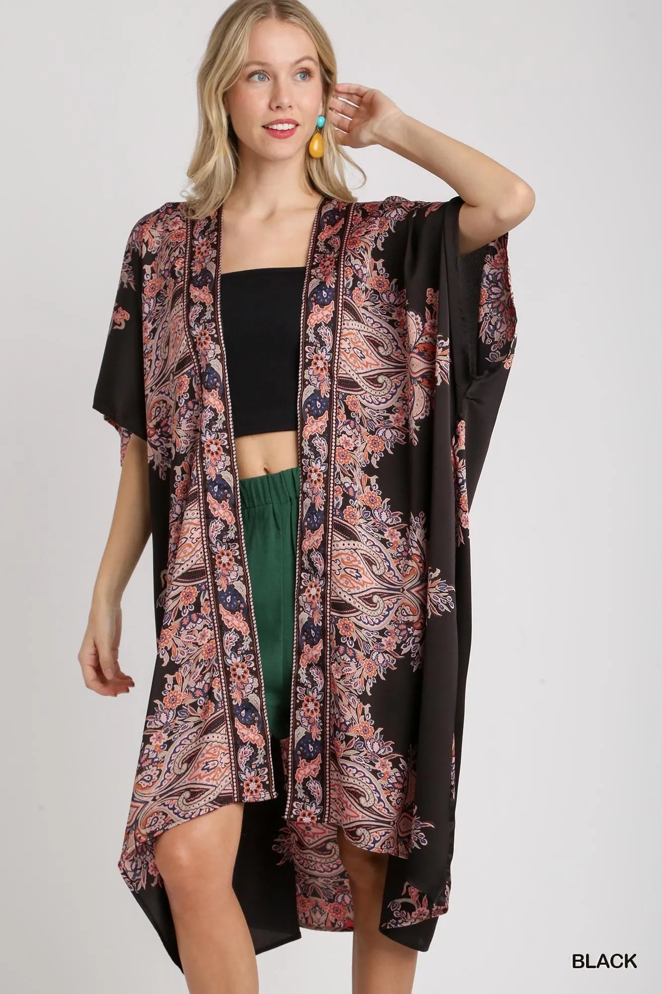Black Umgee satin border print short sleeve kimono with open front and relaxed fit, stylish for casual or layered looks.
