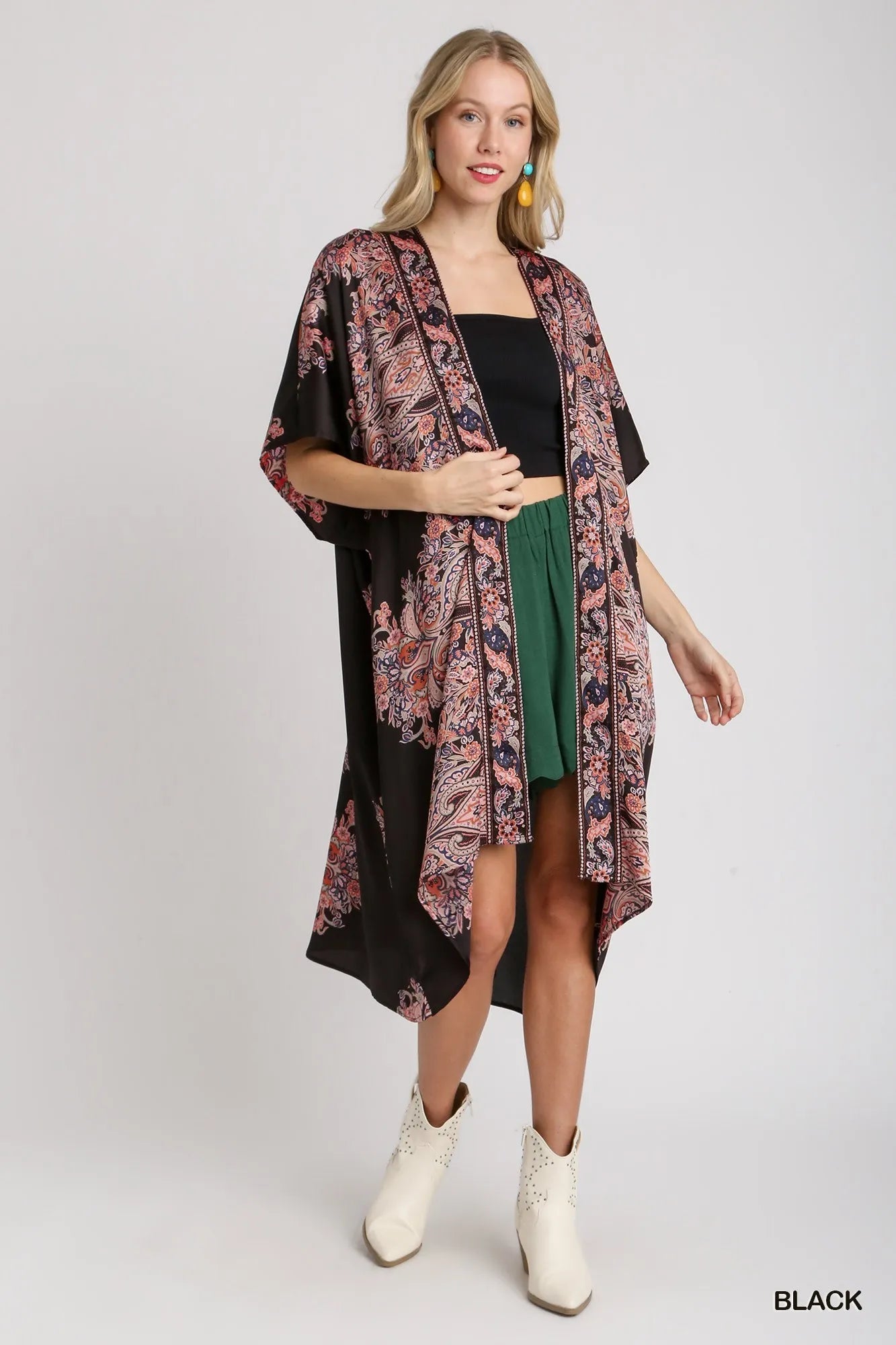 Black Umgee satin border print kimono with short sleeves, open front design, featuring a stylish and lightweight open-front kimono.