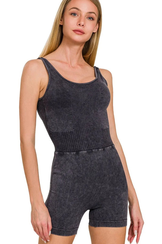 Black Zenana washed sports romper with removable bra pad, featuring a comfortable fit and casual style, shown on a model.