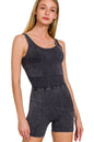 Black Zenana washed sports romper with removable bra pad, featuring a comfortable fit and casual style, shown on a model.