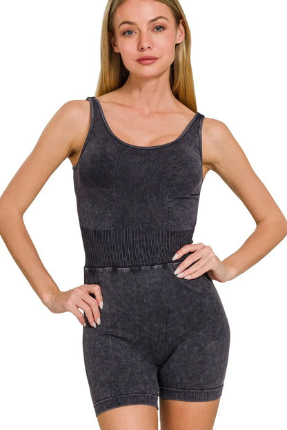 Black Zenana washed sports romper with removable bra pad, featuring a comfortable fit and athletic style, shown on a mannequin.