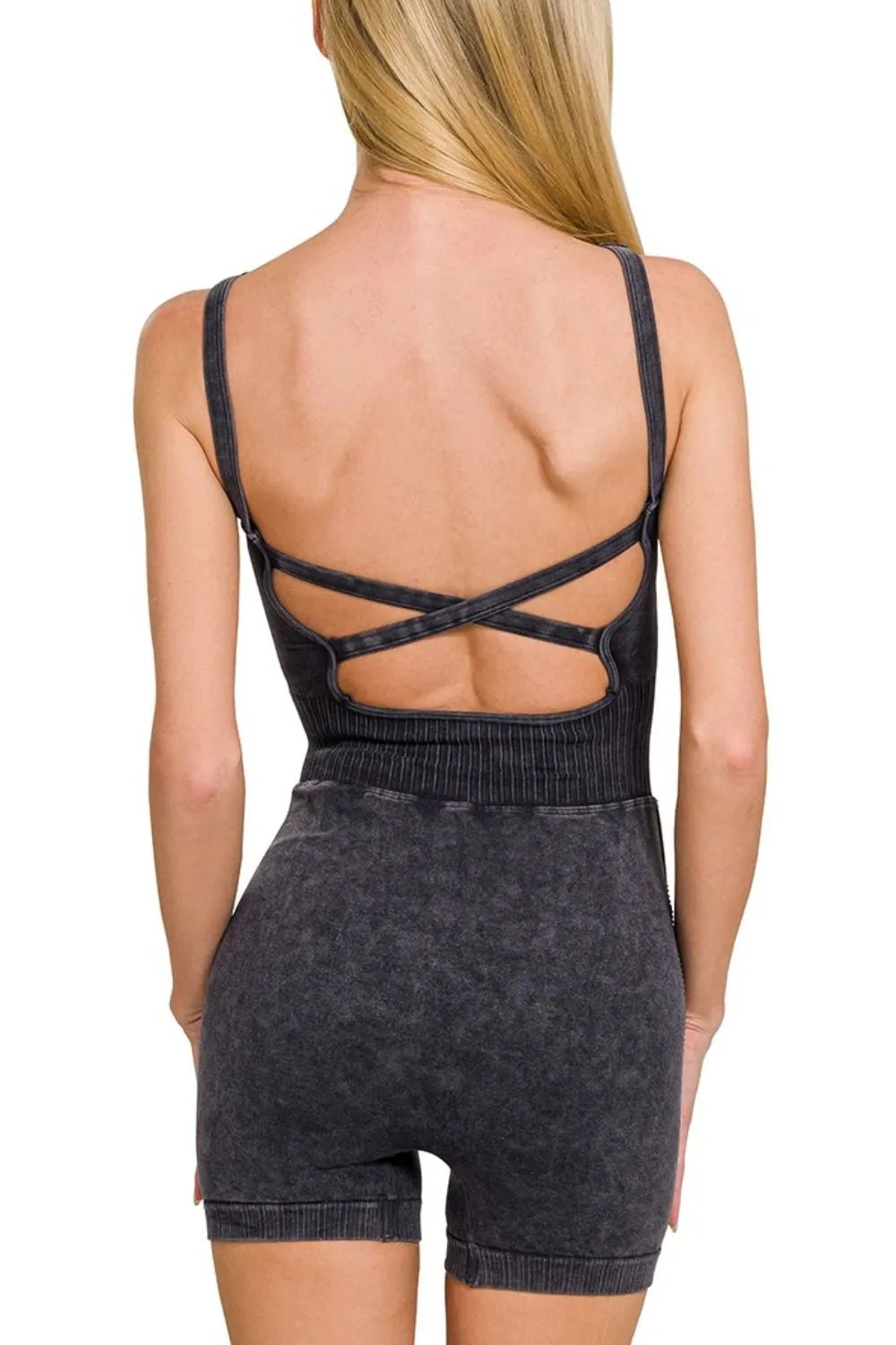 Black Zenana washed sports romper with removable bra pads, featuring a comfortable fit and casual style.