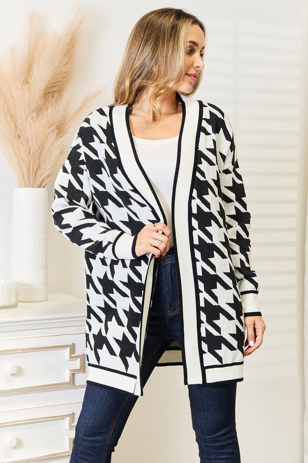 Black Mandy woven longline cardigan with houndstooth pattern, open front and right-side design, styled for a modern look