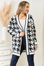 Black Mandy woven longline cardigan with houndstooth pattern, open front and right-side design, styled for a modern look