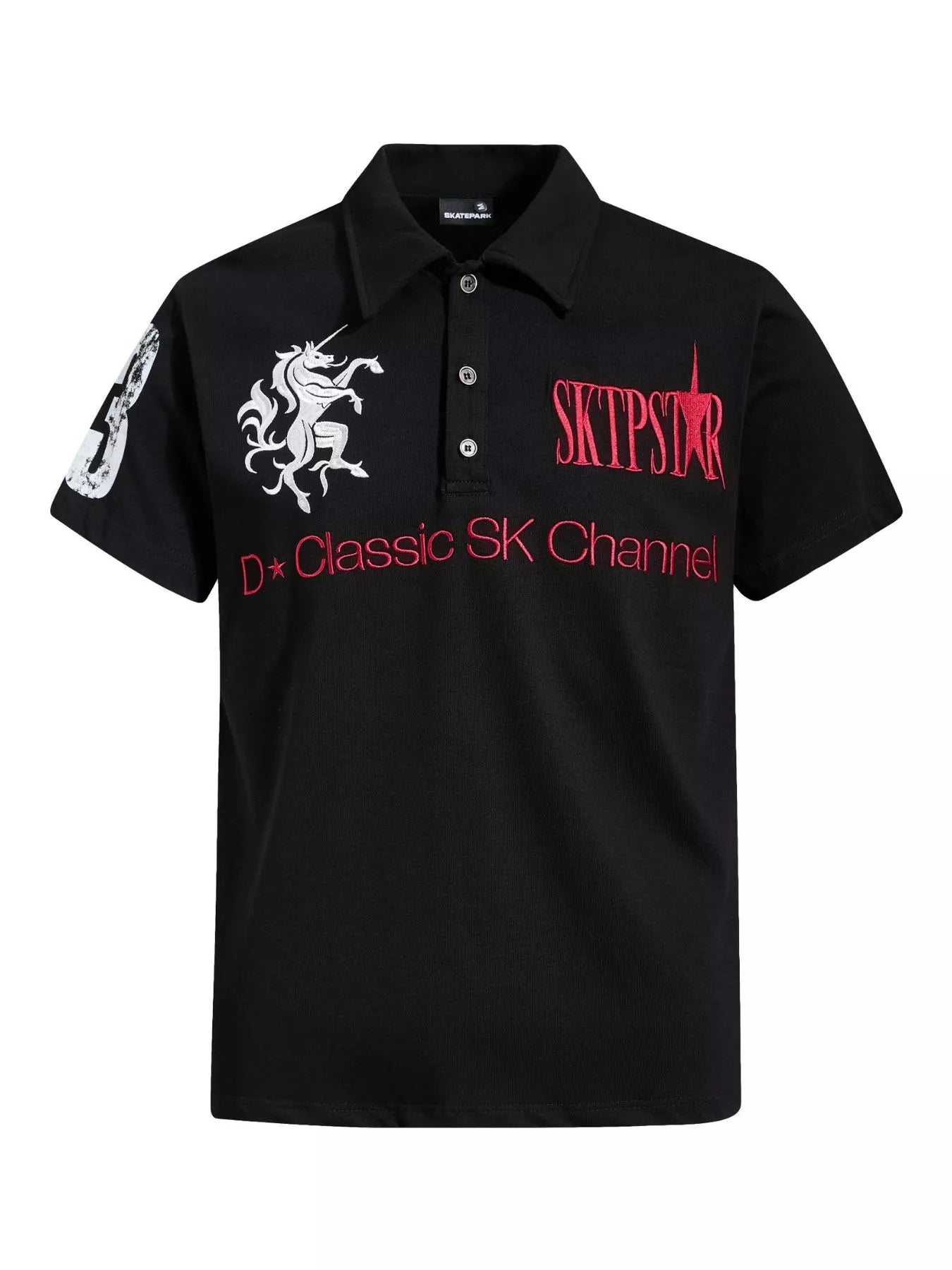 Men's black classic embroidered short sleeve polo shirt by Trendsi, featuring a collar and embroidered logo detail.