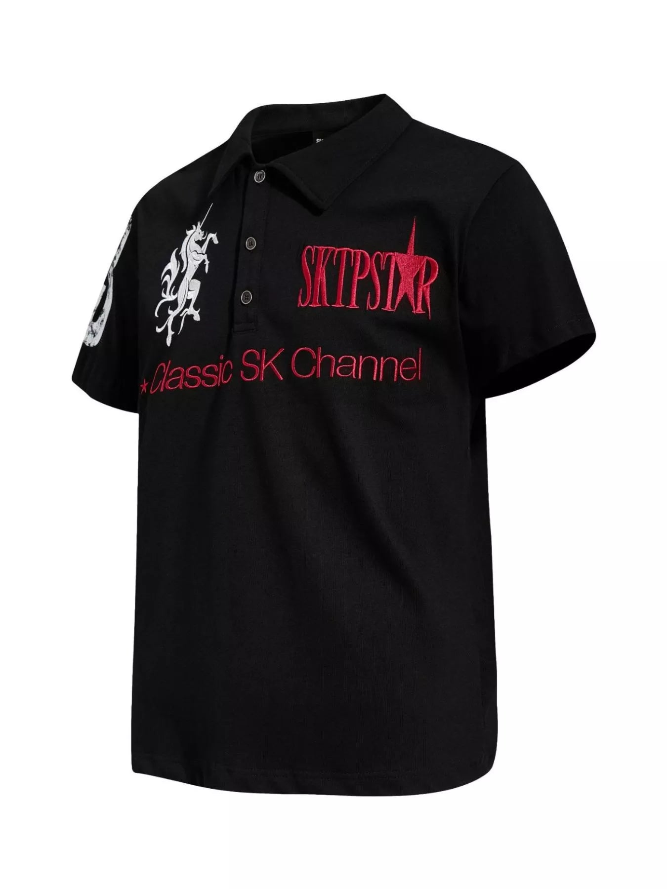 Black men's classic embroidered short sleeve polo shirt by Trendsi, featuring a collar, embroidery detail, and casual fit.
