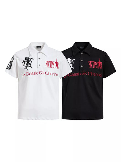 Black men's classic embroidered short sleeve polo shirt by Trendsi, featuring a collared design and detailed embroidery.