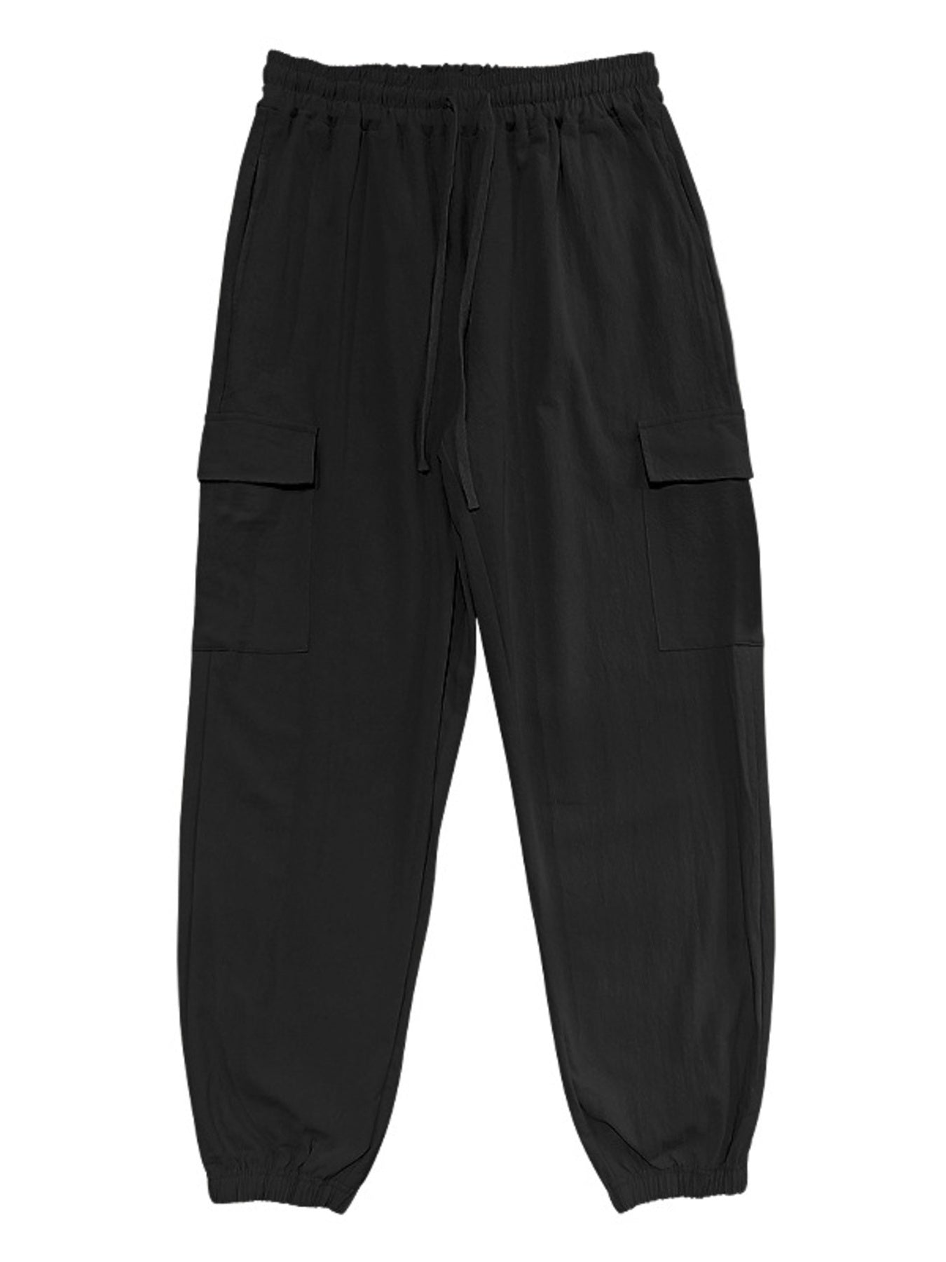 Men's black full-size casual cargo pants with drawstring waist, plus size, by Trendsi, shown on a model.
