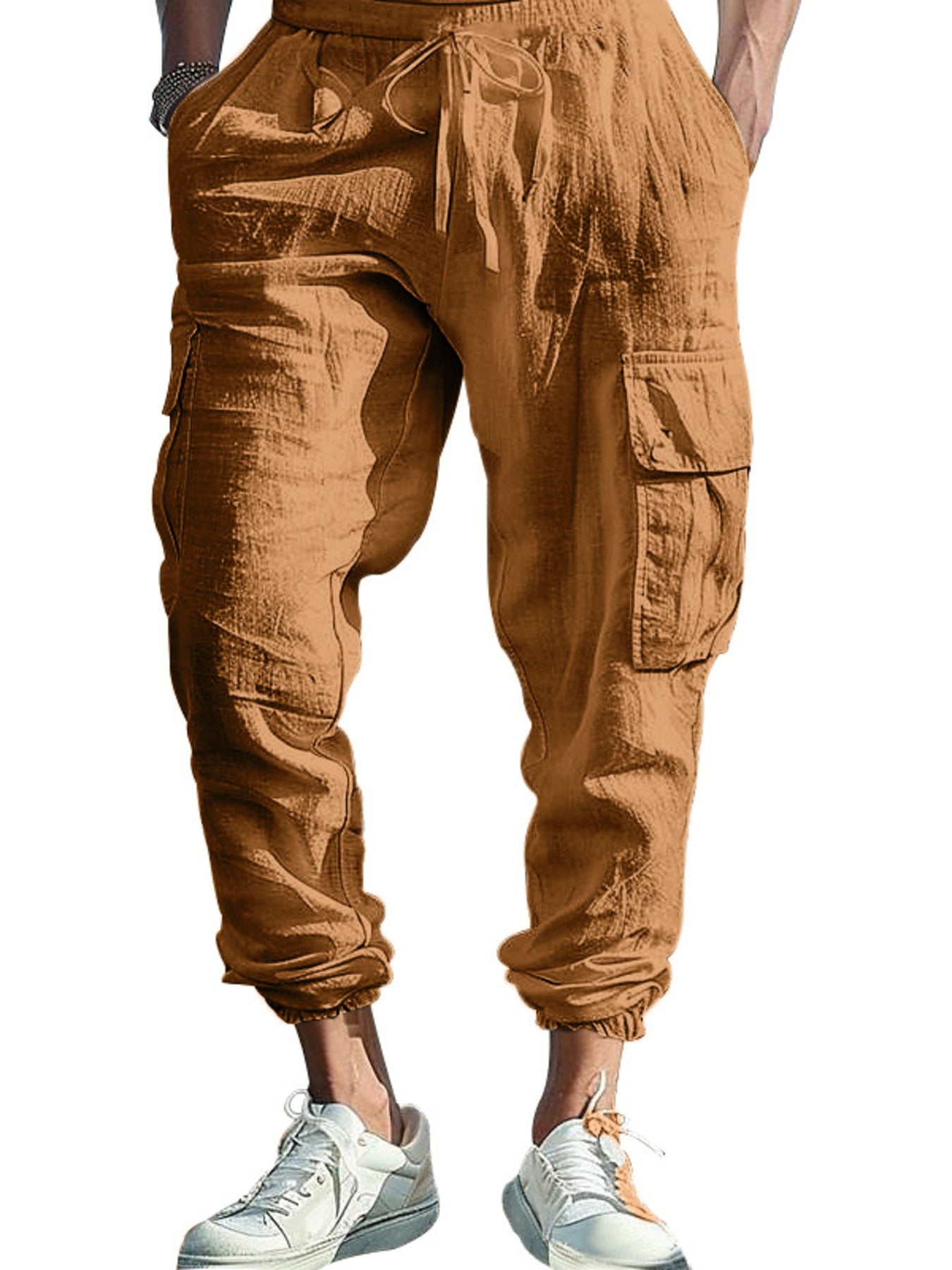 Men's full-size casual cargo pants with drawstring waist, black color, from Trendsi, plus size, comfortable and relaxed fit.